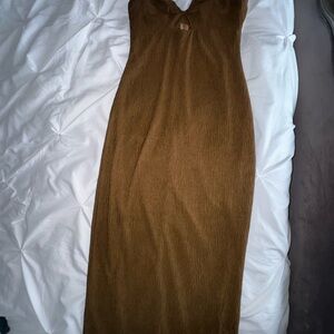 Sleeveless Brown Ribbed Maxi Dress with V-Neck
